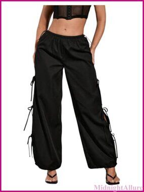 Women's Drawstring Low Rise Side Split Straight Leg Pants